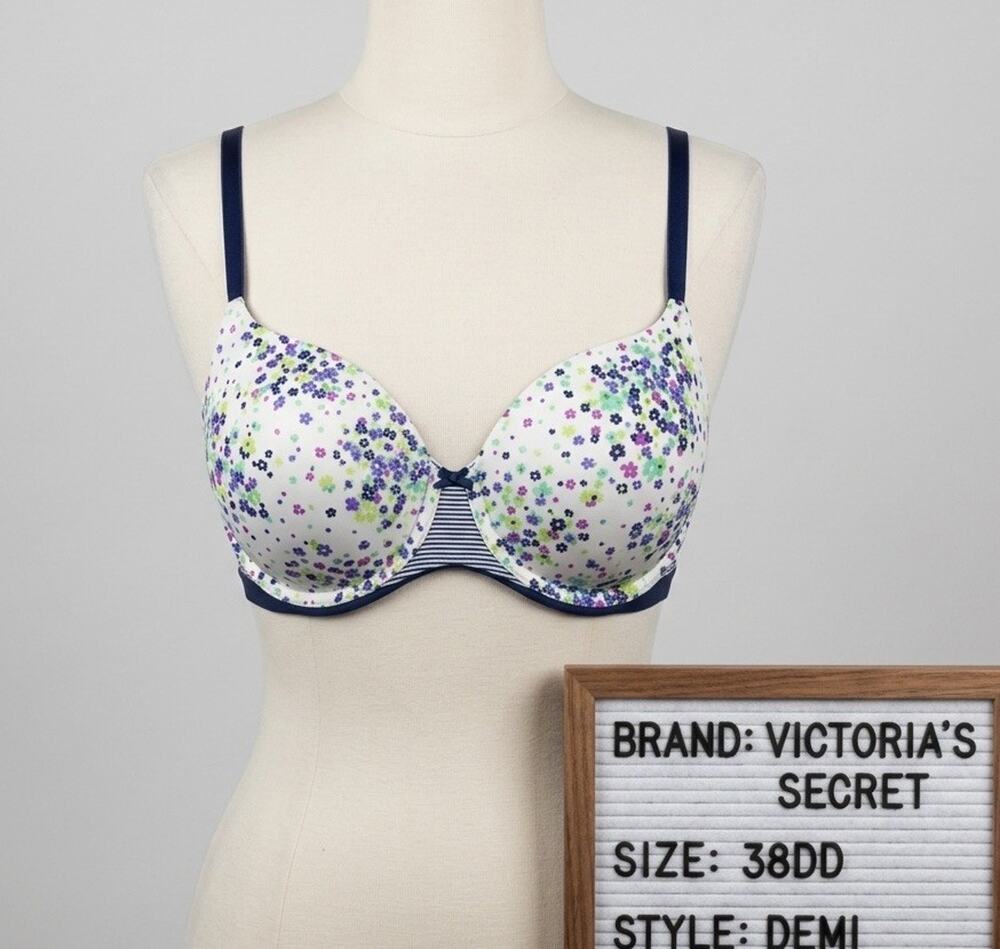 Victoria's Secret Body By Victoria Lined Demi Bra 38DD White Floral Navy Stripe